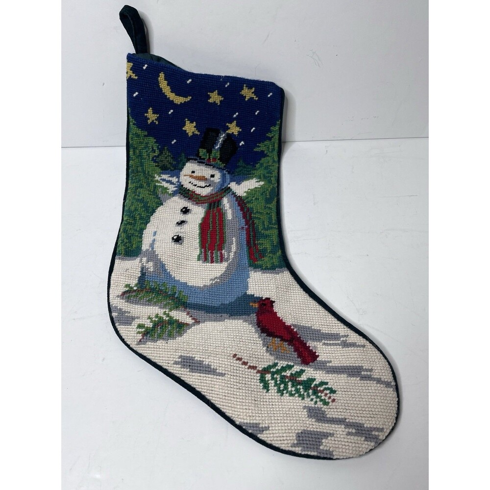 Handcrafted Needlepoint Embroidered  Snowman Wool Velvet Back Christmas Stocking